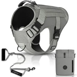 Mia's Pet Supply Tactical Dog Harness Bundle - No Pull Front Clip, MOLLE Vest, Leash & Bag - Peanut Brown (M) 40 Mia's Pet Supply Tactical Dog Harness Bundle Includes Tactical Leash & Tactical Bag. Working Dog MOLLE Vest With Handle, No Pulling Front Leash Clip, Hook & Dog Patch. (M (Neck:16