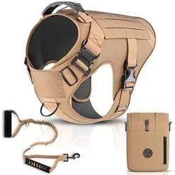 Mia's Pet Supply Tactical Dog Harness Bundle Includes Tactical Leash & Tactical Bag. Working Dog MOLLE Vest With Handle, No Pulling Front Leash Clip, Hook & Dog Patch. (M (Neck:16"-22" ; Chest:25"-31"), Peanut Brown) Leashes And Harness