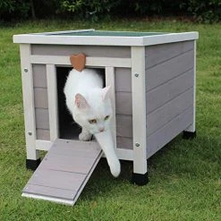 Mia's Pet Supply ROCKEVER Small Animal Houses Outdoor, Wooden Rabbit Hutch Elevated With Door, Feral Cat Shelter Grey