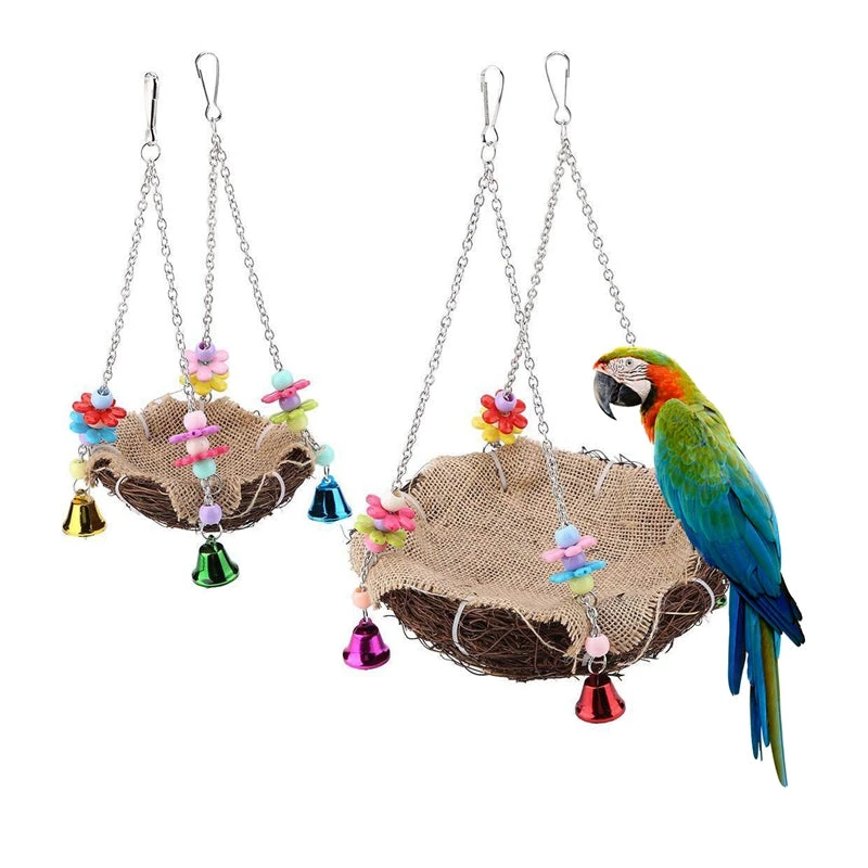 Mia's Pet Supply Rattan Bird Nest & Perch with Hanging Chains & Bells - Aviary Accessories 1 Mia's Pet Supply Rattan Bird Nest Bird Perch With Hanging Chains And Bells