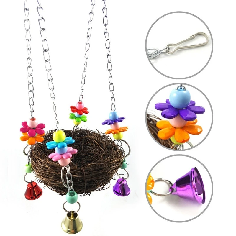 Mia's Pet Supply Rattan Bird Nest & Perch with Hanging Chains & Bells - Aviary Accessories 2 Mia's Pet Supply Rattan Bird Nest Bird Perch With Hanging Chains And Bells