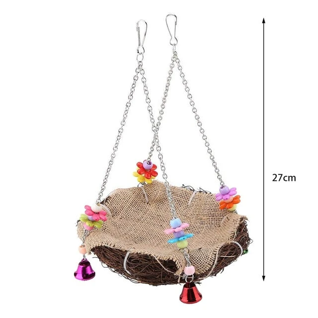Mia's Pet Supply Rattan Bird Nest & Perch with Hanging Chains & Bells - Aviary Accessories 7 Mia's Pet Supply Rattan Bird Nest Bird Perch With Hanging Chains And Bells